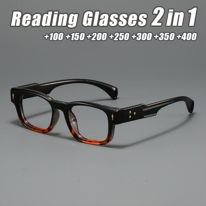 แว่นอ่านหนังสือผู้ชายทรงสี่เหลี่ยม เลนส์กรองแสงสีฟ้า 2-in-1 ความละเอียดสูง ค่าสายตา +50 +75 +125 +175 +225 +275 +325 +375