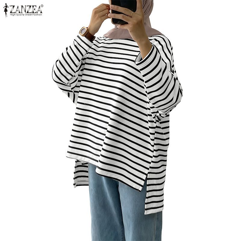 ZANZEA ซานเซีย ผู้หญิงมุสลิมฤดูใบไม้ร่วงสันทนาการคอกลมแขนยาวไม่สมมาตรเสื้อยืดหลวมพอดี
