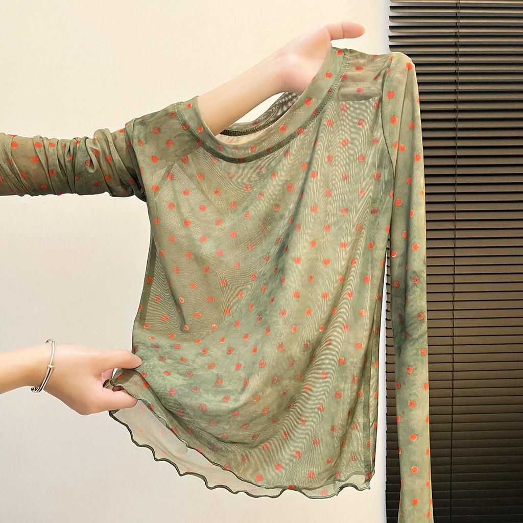 Retro Style Hong Kong Polka Dot Print Cotton Top แขนยาวสีตัดกัน เหมาะสำหรับสวมใส่ในสภาพอากาศร้อน