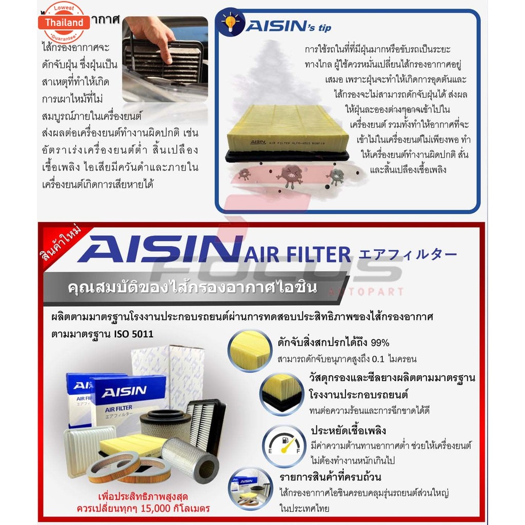 Aisin กรองอากาศ Toyota Prius Hybrid 1.8L year 09-15 2ZRFXE / ไส้กรองอากาศ ARFT-4023 / 17801-37020