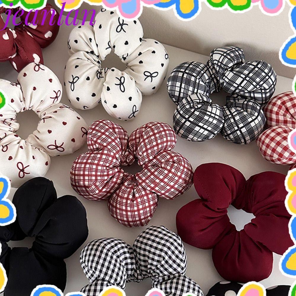 JLAN เชือกผูกผมลายสก๊อตและยางรัดผมแฮนด์เมดดอกไม้ พร้อมที่คาดผมหางม้าขนาดใหญ่น่ารัก