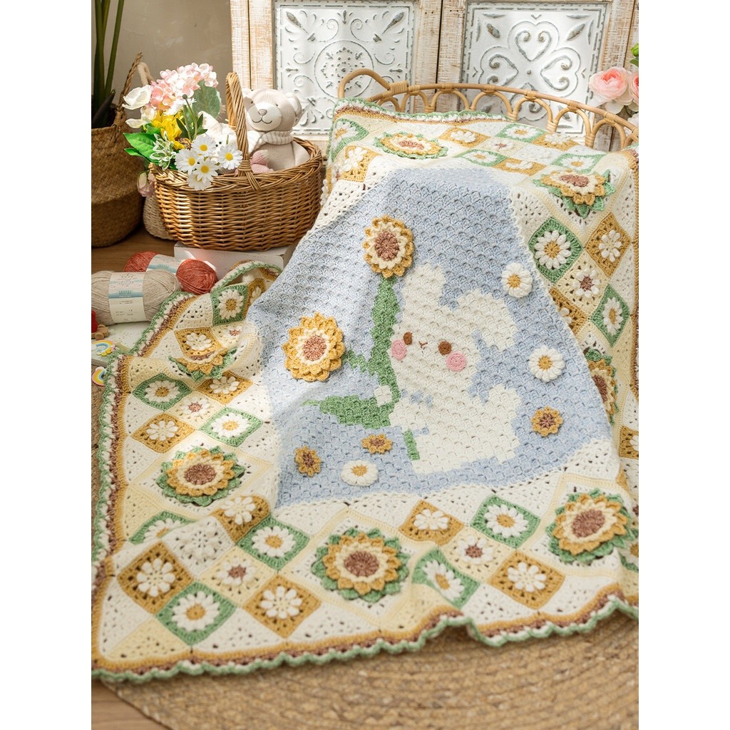 SG SELLER New Mommy Handmade Flower Field Bunny Blanket Handcraft DIY Knitting Crochet Blanket Yarn 