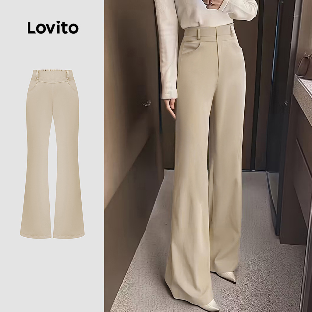 Lovito กางเกงเซ็ทคูลลักษณะเส้นสายกางเกงสำหรับผู้หญิง ใส่ได้ทุกฤดู สีคาใจ L154ED625