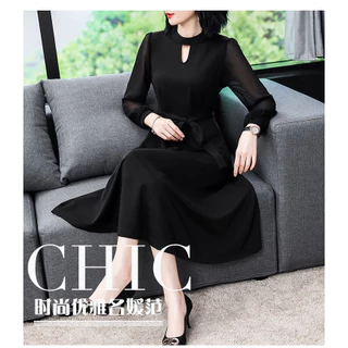 ชุดเดรสสไตล์ใหม่ฤดูใบไม้ผลิฤดูใบไม้ร่วงแขนยาวSlim-fit Slimmerดูสีดําอารมณ์Ladyแม่สไตล์ขนาดใหญ่ความงาม