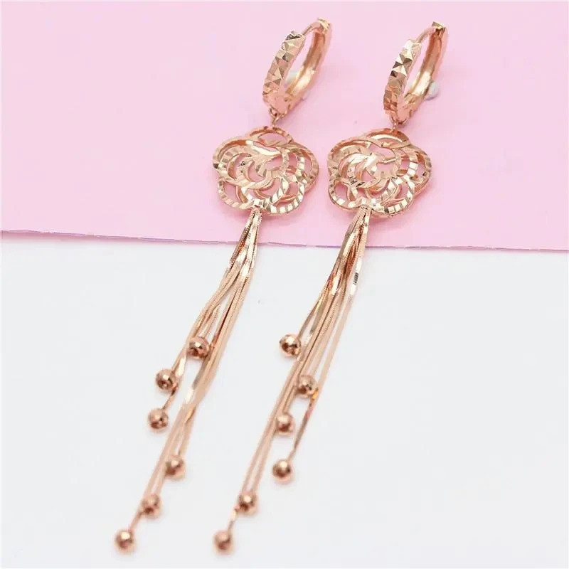 585 purple gold flower fashion soft chain tassel bead earrings for women plated 14K rose gold new ex