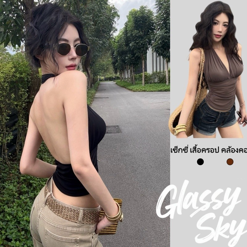 Glassy Sky😜เสื้อครอป คล้องคอ โชว์หลัง สีพื้น ท็อปปิ้งระบายชายเดียวแต่งรูด ผู้หญิง เซ็กซี่ สีพื้น  เซ็กซี่(FY9345)