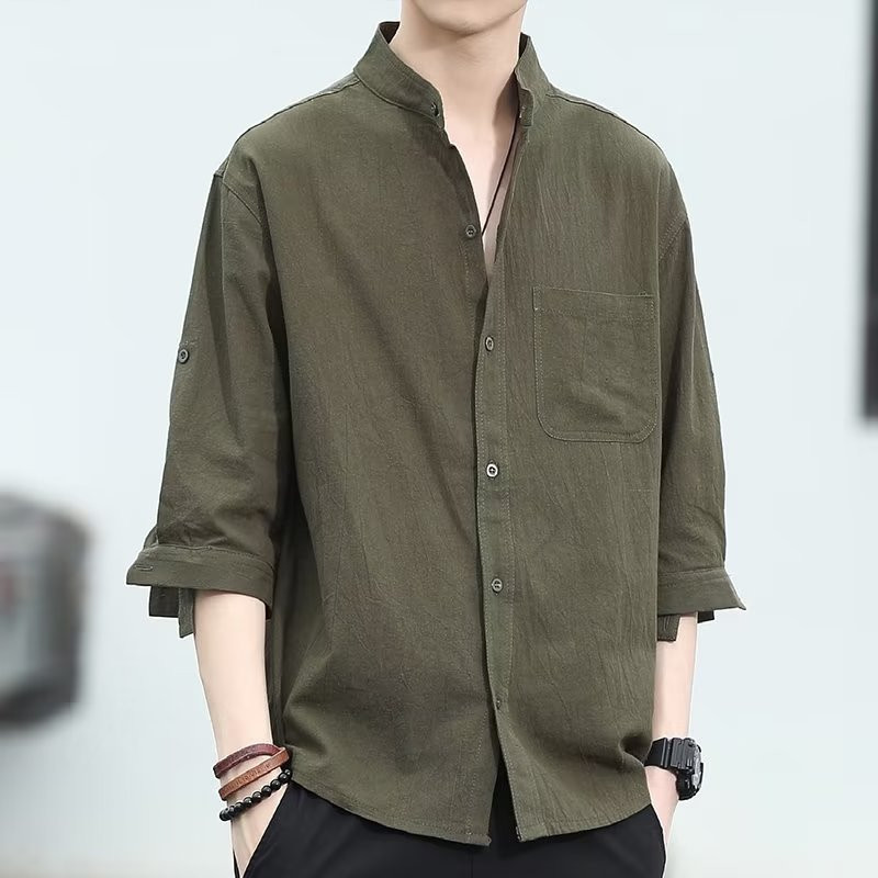 เสื้อเชิ้ตผู้ชายแขนสามส่วนสไตล์ญี่ปุ่น ทรงคลาย สไตล์เกาหลี