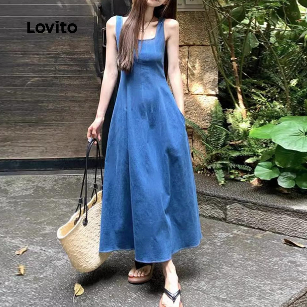 Lovito เดรสยีนส์ลําลองสายโครงสร้างชุดเดรสยีนส์สีน้ําเงินฤดูใบไม้ผลิ/ฤดูร้อนสําหรับผู้หญิง LNE105X007