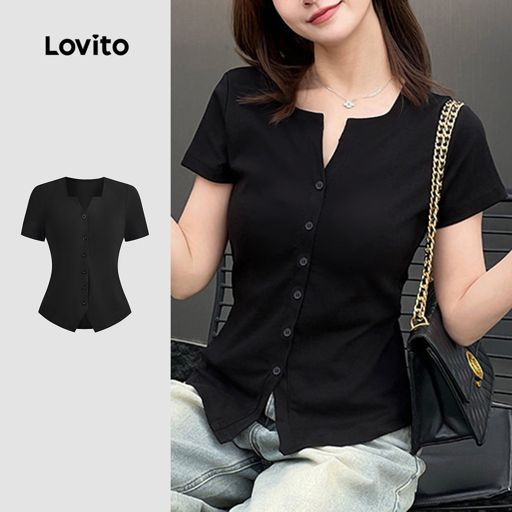 Lovito สบายๆปุ่มธรรมดาแยกด้านหน้าฤดูใบไม้ผลิ/ฤดูร้อนสีดําเสื้อยืดสําหรับผู้หญิง L135A2D216