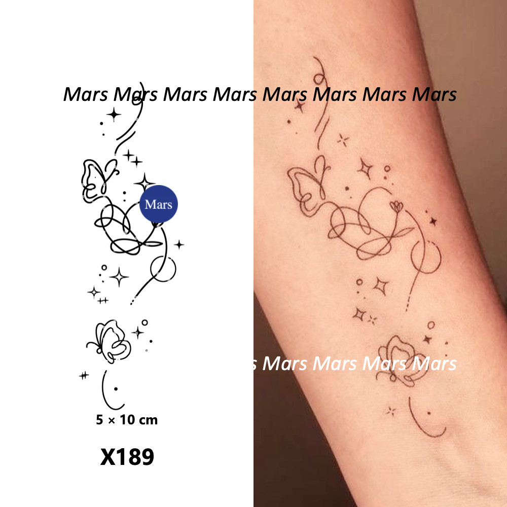 สติ๊กเกอร์ลายสัก Mars Tattoo เทคโนโลยีเมจิก ติดทน 2 สัปดาห์ ดีไซน์ BTS Heart Butterfly X189