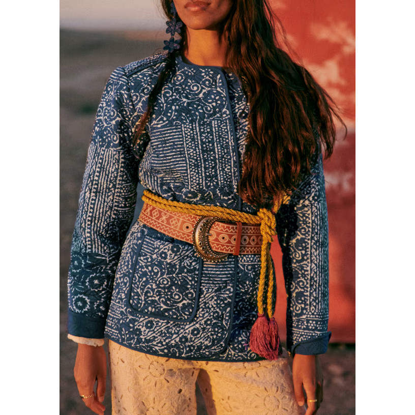 Sezane France Daigou Blue Floral Print Casual Jacket Coat Quilted Front Button Coat