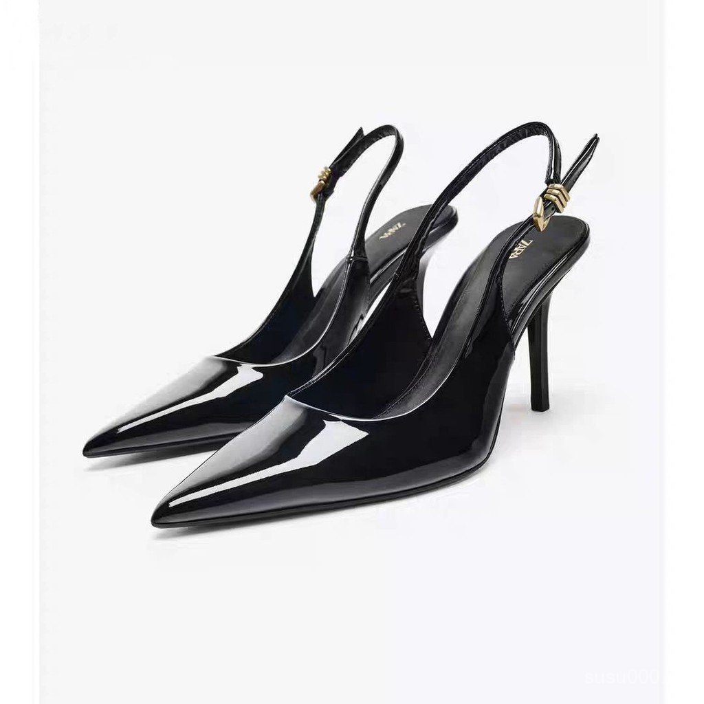 ZA2025 ฤดูใบไม้ร่วงสไตล์ใหม่โลหะสีดําหัวเข็มขัด Trim Pointed Toe รองเท้าส้นสูง Super รองเท้าส้นสูง All-Match Simple Stiletto รองเท้าแตะ