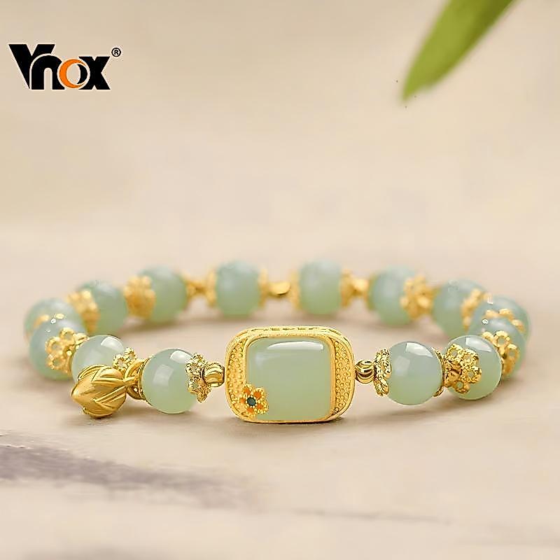 Vnox ธรรมชาติ Hetian หยกสร้อยข้อมือ Lotus สร้อยข้อมือประณีต Elegant Retro สไตล์จีนผู้หญิงสาวแฟชั่นเครื่องประดับ