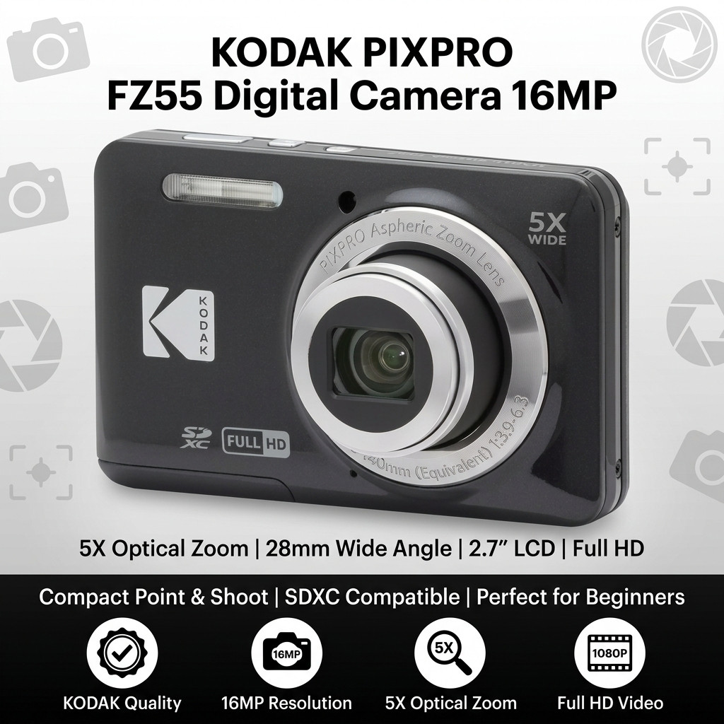 KODAK PIXPRO FZ55 Digital Camera 16MP 5x Optical Zoom 28mm Wide Angle 2.7" LCD Black