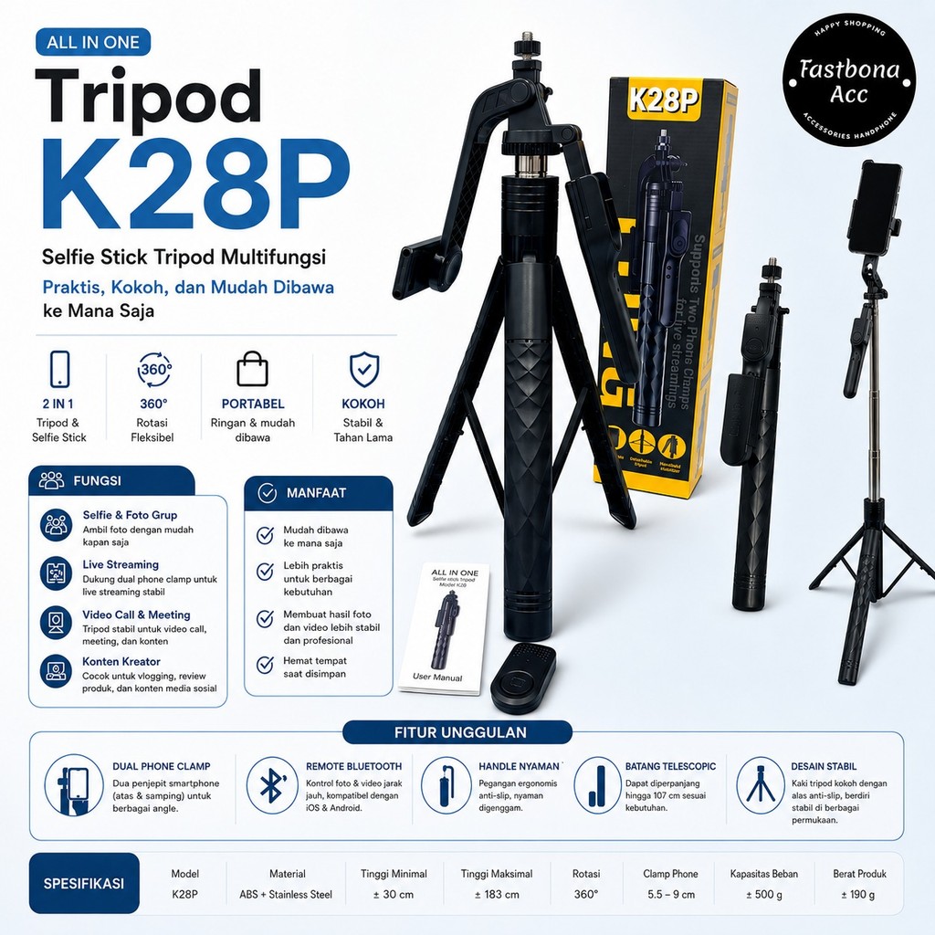Tongsis Selfie Stick K28P ขาตั้งกล้องระยะไกลบลูทูธ All In One 183 ซม.สําหรับกล้อง Handphone Go Pro ม