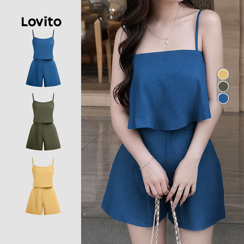 Lovito แคชชวล ชุดจัมพ์สูทสายซิปสั้นสำหรับผู้หญิง ช่วงฤดูใบไม้ผลิ/ร้อน L143ED475
