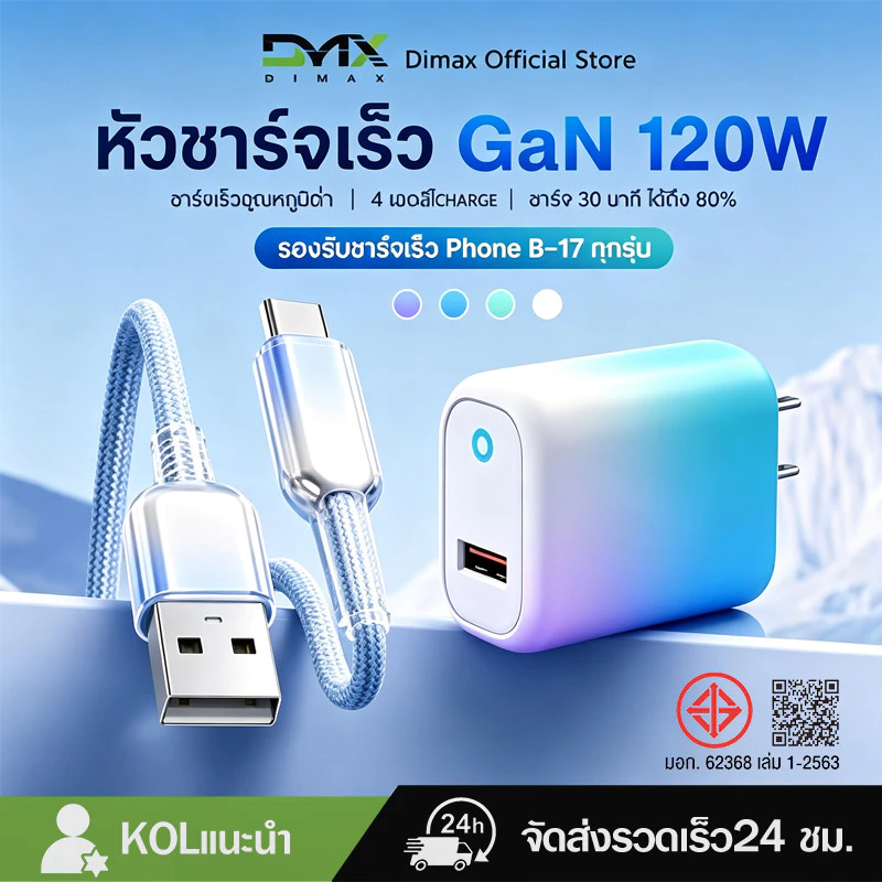 ชุดชาร์จเร็ว 120W GaN Gradient สีโทรศัพท์มือถือ ปลอดภัยชาร์จเย็น ไม่ร้อน ขนาดเล็กพกพาง่ายรองรับ 100-240V ใช้ได้ทั่วโลก