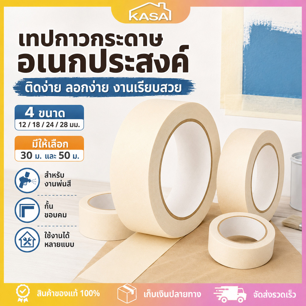 เทปย่น Masking Tape เทปกระดาษกาวย่น เทปกาวย่น เทปหนังไก่ 12/18/24/36/48mm ยาว 30/50M ฉีกได้ เขียนได้ งานทาสี พ่นสี