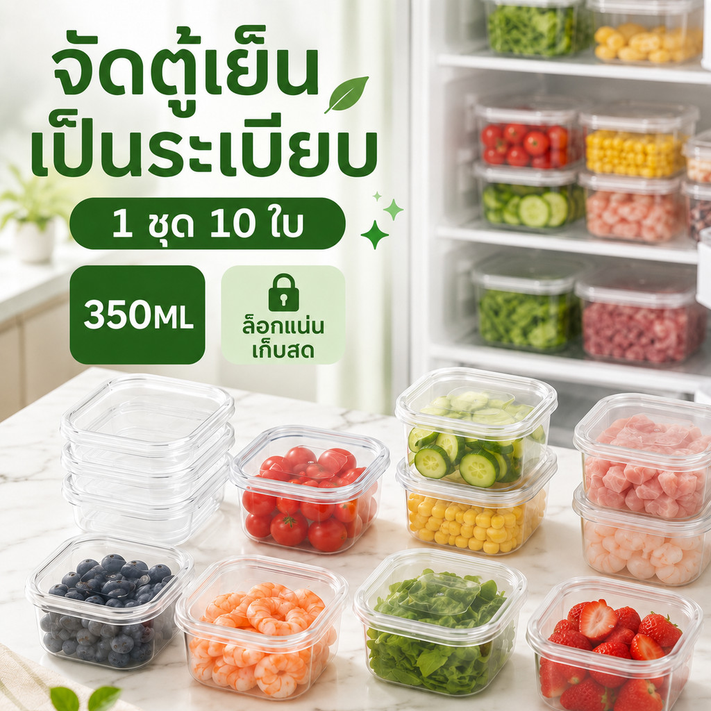 กล่องถนอมอาหาร 350ML กล่องใส ฝาปิดแน่น กล่องแบ่งอาหาร เก็บวัตถุดิบ จัดตู้เย็นเป็นระเบียบ วางซ้อนง่าย แพ็ก 5/10/15/20 ใบ
