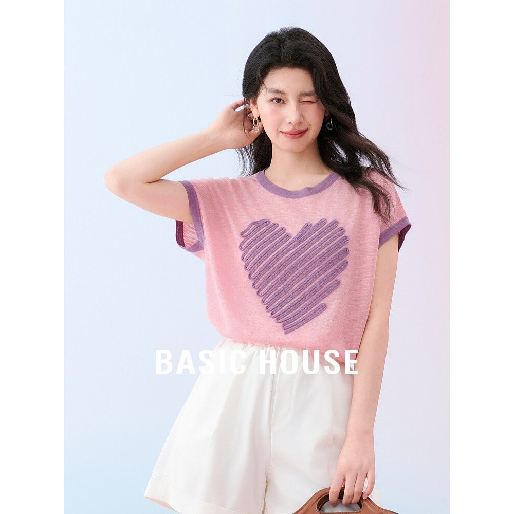Basic House/Basic House Sweet Contrast Color Love เสื้อไหมพรมผู้หญิงฤดูร้อนสไตล์ใหม่รอบคอหลวมแขนสั้น