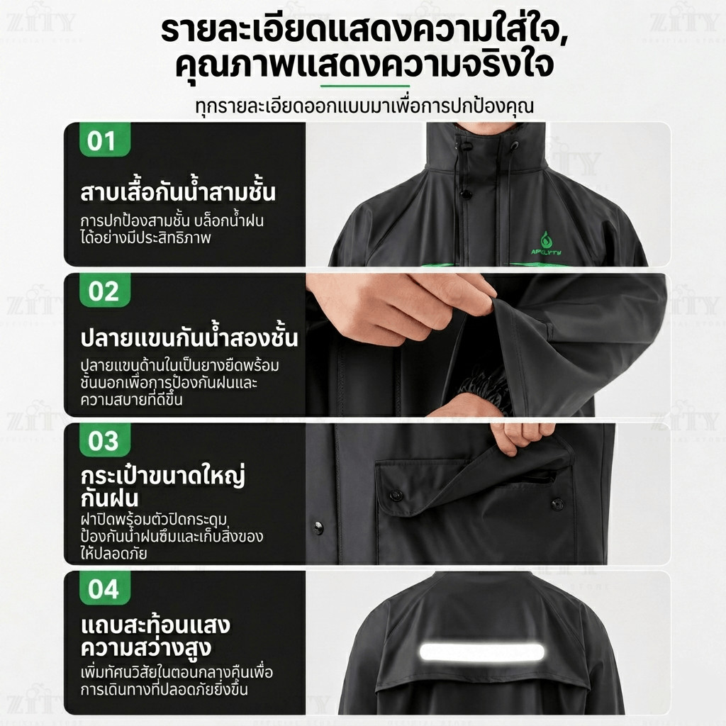 ZITY ชุดกันฝนยูนิเซ็กซ์ ผ้าเคลือบกันน้ำ ทนทาน รูปที่ 6