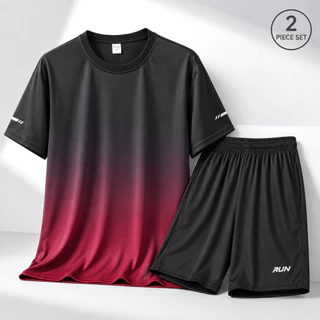 ชุดกีฬา 2 ชิ้น ผู้ชาย เสื้อแขนสั้นลายไล่สี + กางเกงขาสั้น ชุดวิ่ง ฟิตเนส ออกกำลังกาย ใส่สบาย