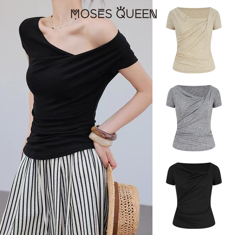 MOSESQUEEN เสื้อผ้าสูทแขนสั้น คอวีแบบไม่สมมาตร ให้ความรู้สึกทางเพศสัมพันธ์อย่างแท้จริง สำหรับผู้หญิง - ดูทันสมัย เน้นสไตล์เฉพาะ กระชับและช่วยลดรูปร่าง มีการออกแบบลายพับ #63962