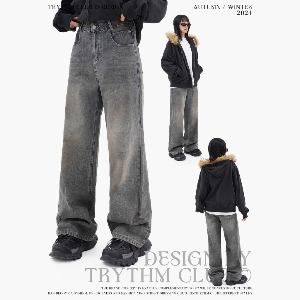 WHOOWAP Retro Distressed Belt American Leather Brand Pants Brushed White Washed Straight-Leg Pants D