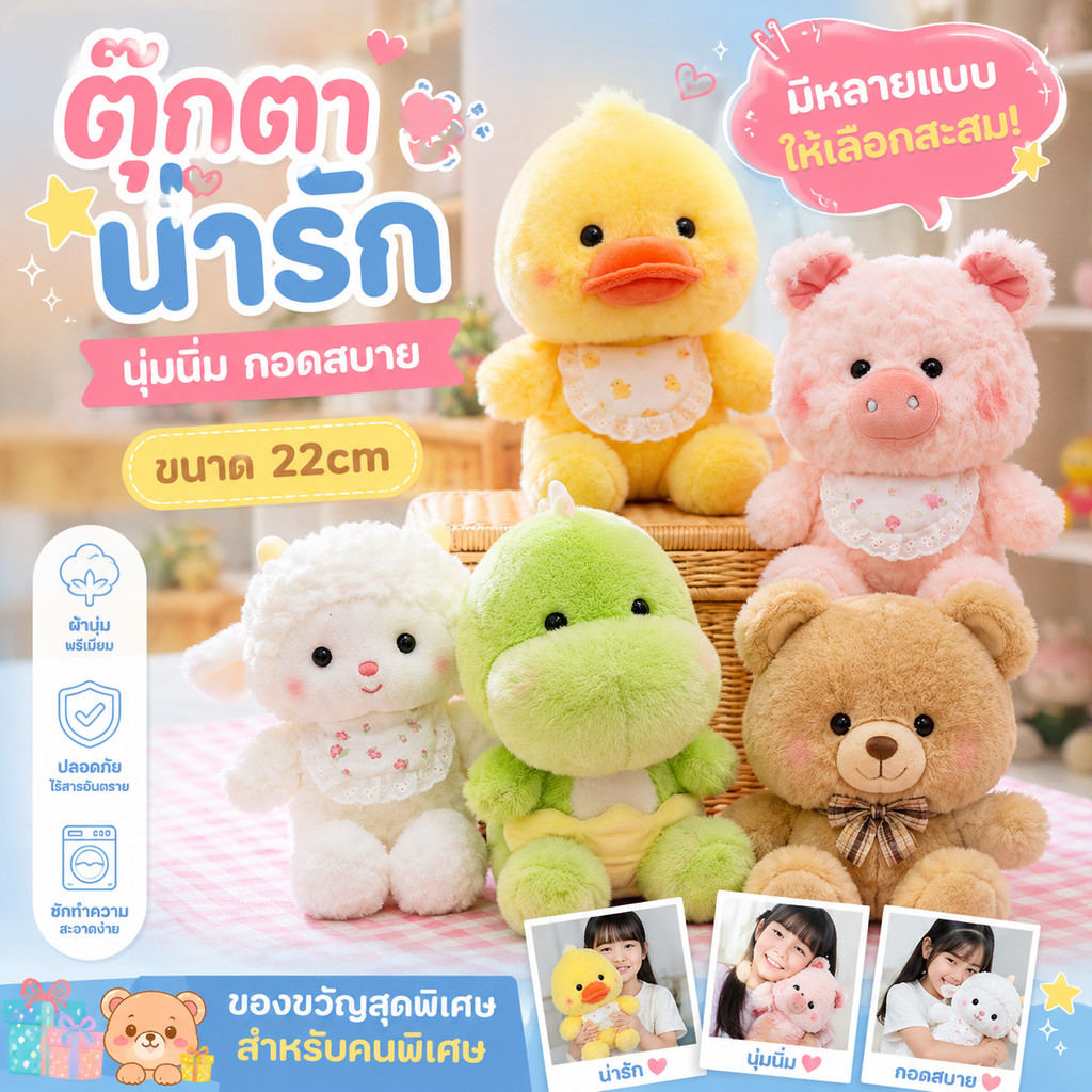 COD ตุ๊กตาขนฟู 22CM น่ารัก สไตล์การ์ตูน เป็ดสีเหลือง ตุ๊กตาไดโนเสาร์ นุ่มและน่ารัก ของขวัญวันเกิดและเทศกาล