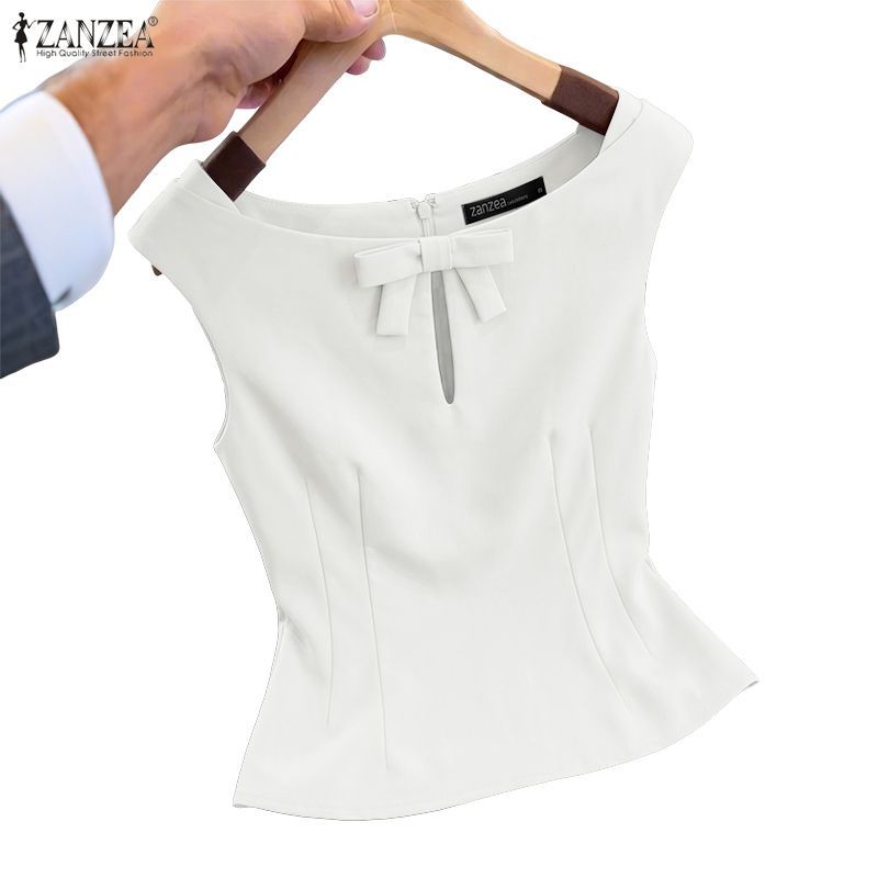 ZANZEA ผู้หญิงเกาหลีอารมณ์คอเรือแขนกุด Bows Design H-Type ธรรมดาเสื้อ