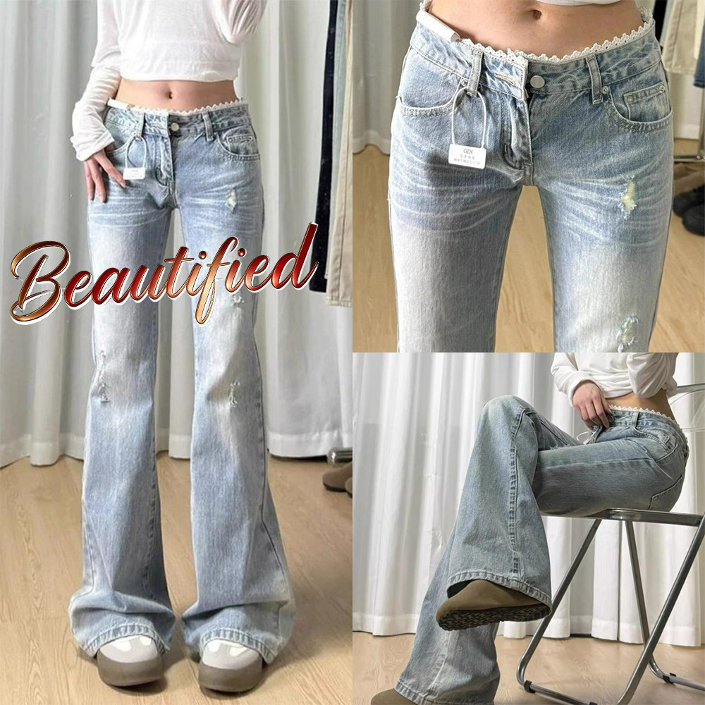 Beautified🫧กางเกงยีนส์ขายาวทรงบานสีฟ้าอ่อนสำหรับผู้หญิงไซส์เล็ก ดีไซน์เก๋ด้วยลูกไม้ ช่วยให้ดูผอมเพรียวและเซ็กซี่