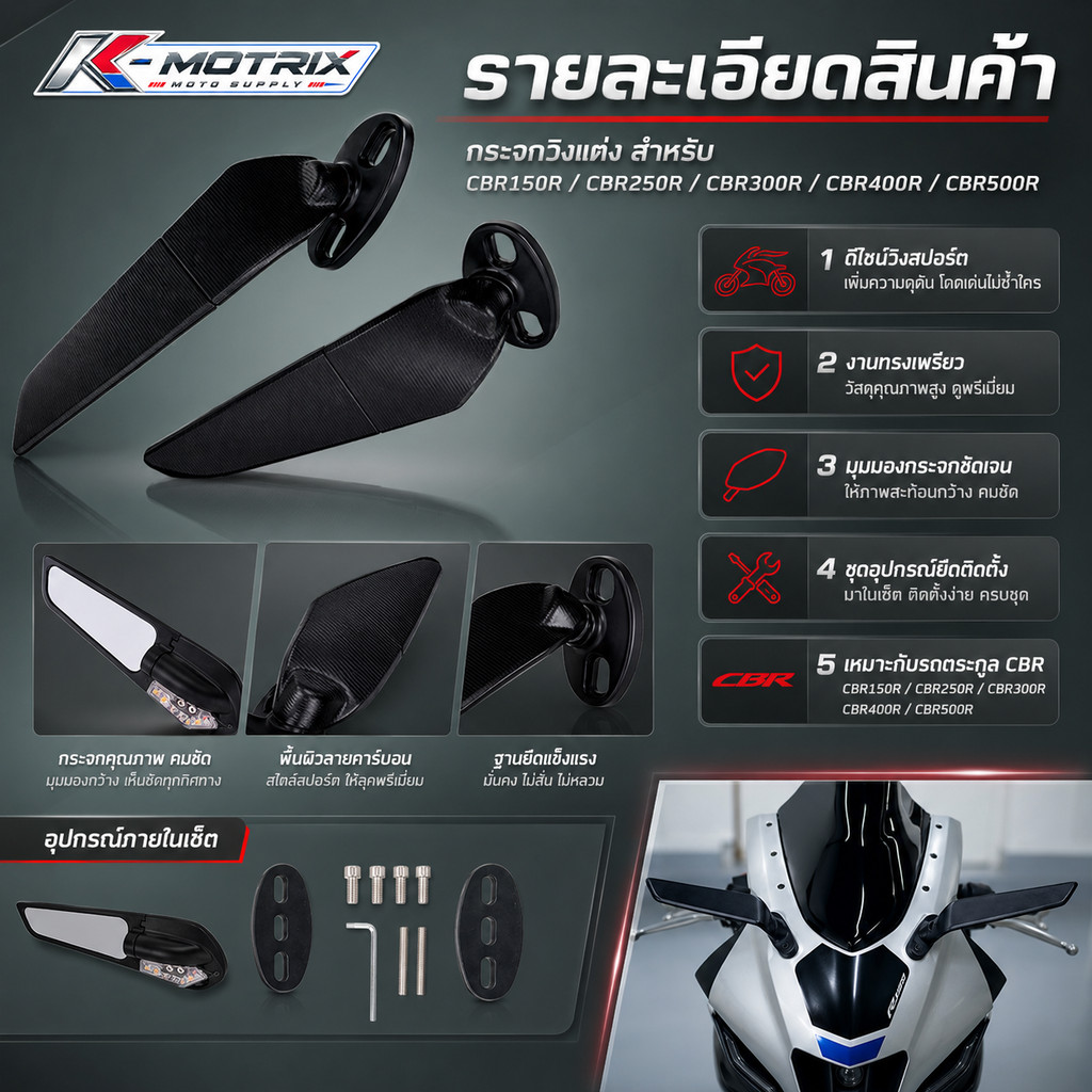 กระจกวิงแต่ง ทรงสปอร์ต สำหรับ CBR150R CBR250R CBR300R CBR400R CBR500R กระจกมองข้างแต่ง มีไฟ ตัวเล็ก