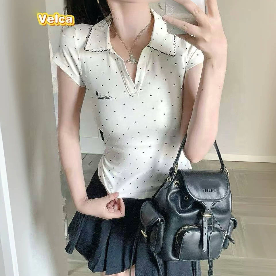 พร้อมส่งจากกทม ปัก เสื้อยืดแขนสั้นคอปก เสื้อคอปกกระดุมหน้า ผ้านิ่ม ใส่บาย รวมเสื้อลายจุด🎀Velca