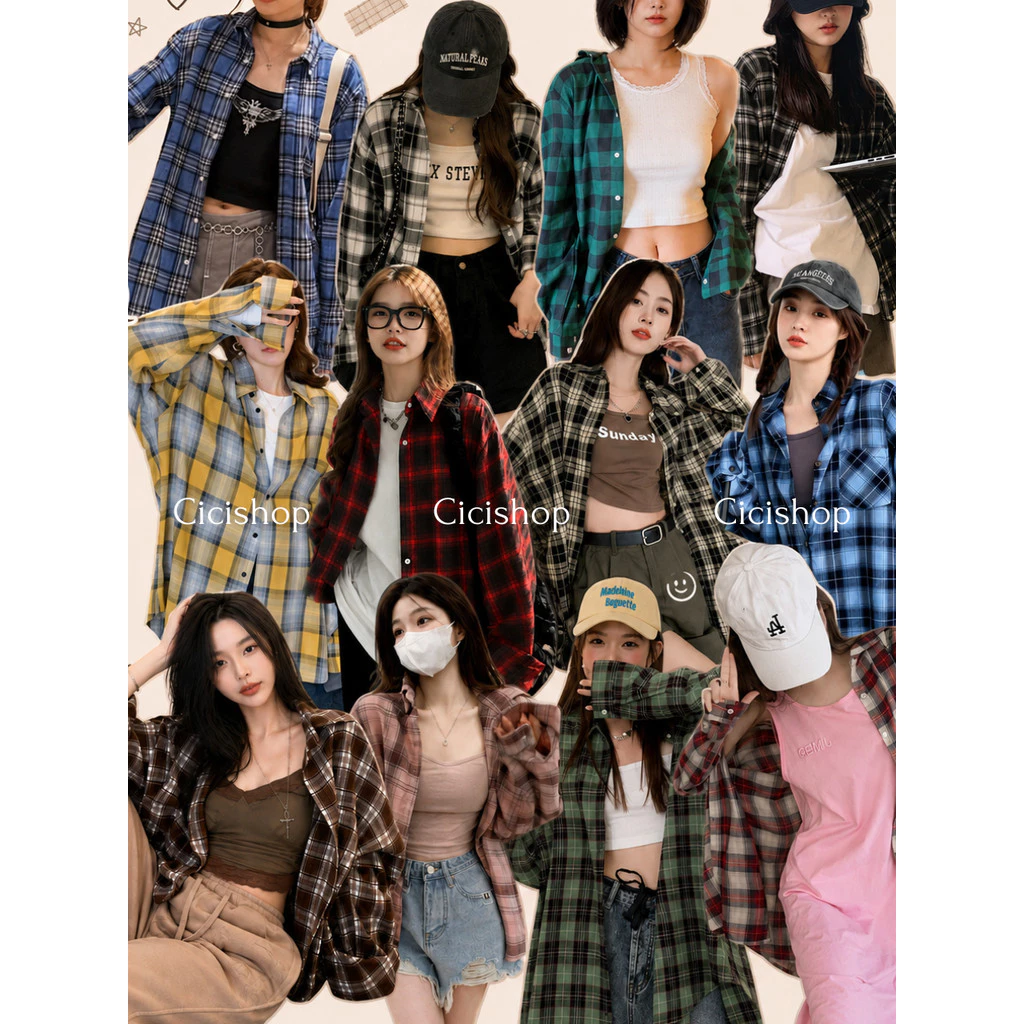 Cicishop(3017)Shirt plaid เสื้อเชิ้ตแขนยาวลายสก๊อต ทรงเบสิคใส่คลุมแมตช์หรือใส่เดี่ยวๆก็ชิคค