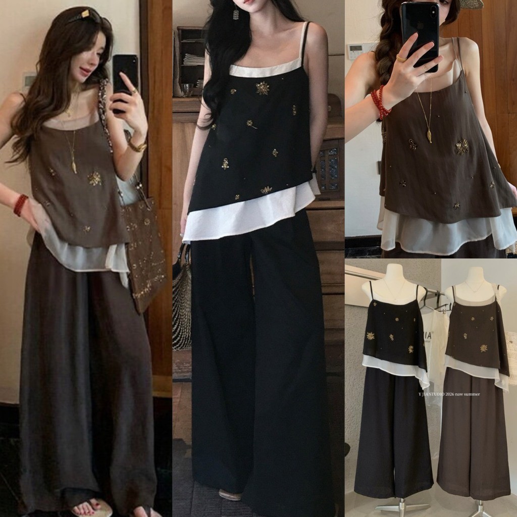 ❤ 🧵 🇰🇷 Y9150 ชุดเซ็ต 2 ชิ้น ดีไซน์เรียบหรู เสื้อสายเดี่ยวแต่งเลเยอร์ชีฟอง เพิ่มความละมุน แฟชั่นเกาหลี TAG Yjia 🧡
