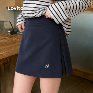 Lovito แคชชวล กางเกงขาสั้นแบบสบายๆ ปักลาย ปลอม 2 in 1 แยกตรงด้านหน้า สำหรับฤดูใบไม้ผลิ/ฤดูร้อน เกาหลี อินเทรนด์ L144AD006