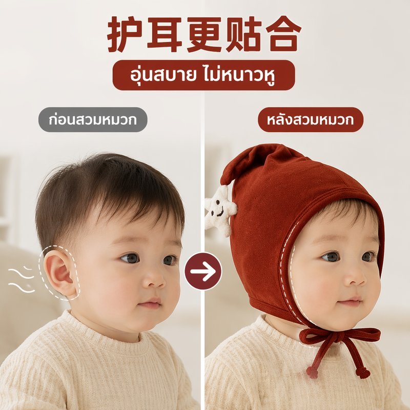 หมวกกันหูเด็กอ่อน หมวกเด็กกันลม ผ้าฝ้ายนุ่ม เชือกผูกปรับได้ ลายดาว หูกระต่าย สำหรับแรกเกิด รูปที่ 2