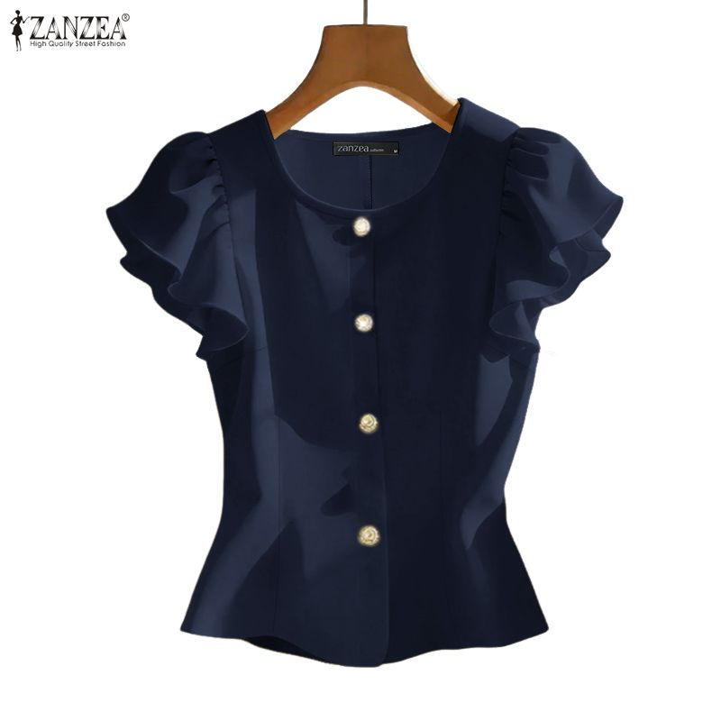 ZANZEA ผู้หญิงเกาหลี Elegant Lady ลูกเรือคอ Ruffle แขน Single-Breasted รวบรวมเอวเสื้อธรรมดา