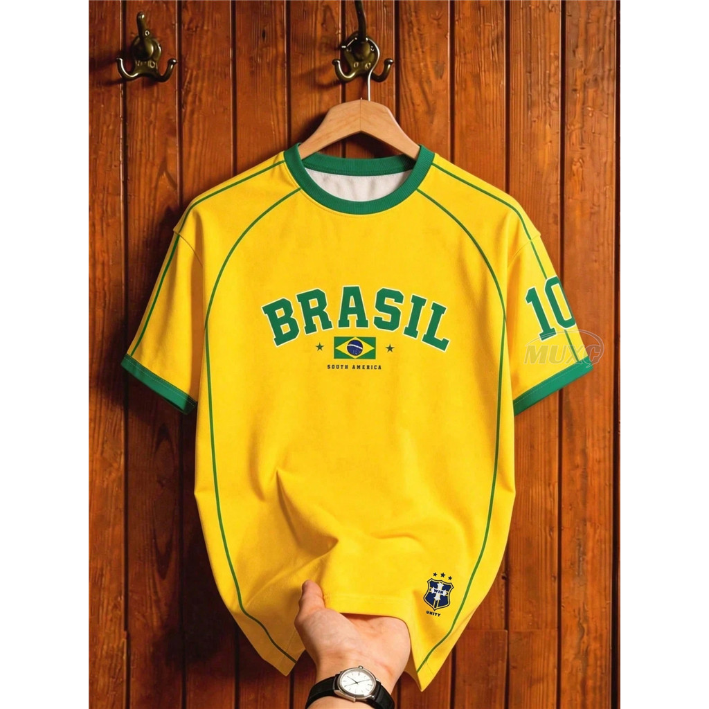 ฟรีชื่อที่กําหนดเองและตัวเลขManfinity Campus Court Vintage Brazil Football T-Shirt, American BRASIL 10 Number Print, Unisex ปรับแต่งแฟชั่นเสื้อกีฬา