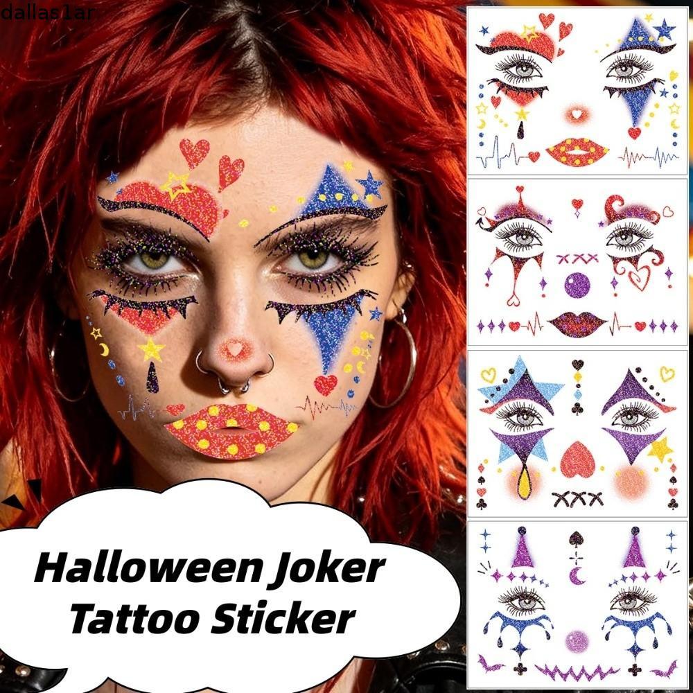 DALLAS 4 ชิ้นฮาโลวีน Joker TATTOO สติกเกอร์,ยาวนานกันน้ํา Joker Blush ชั่วคราว Tattoo, Glitter Joker
