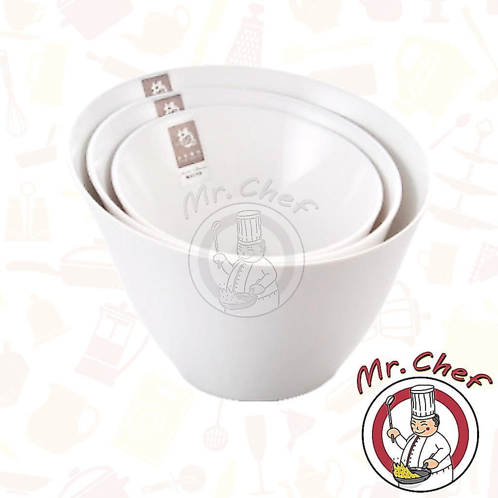 Mr.Chef [พร้อมส่ง] ถ้วยใส่ผักเมลามีน ถ้วยใส่ผลไม้ ขนาด 15, 17.3, 20.1 cm ถ้วยสูง ปากเอียง ขอบตัด สีขาว