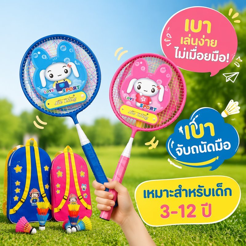 ไม้แบดมินตันเด็ก ชุดไม้แบด 2 ชิ้น น้ำหนักเบา โลหะผสม เหมาะอายุ 3 12 ปี เล่นกลางแจ้ง
