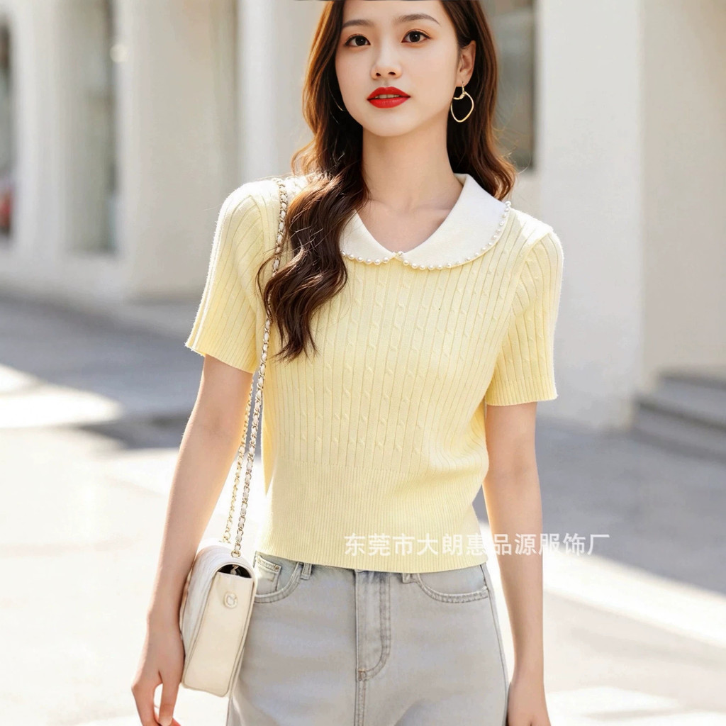 ฤดูร้อนตุ๊กตาคอ Twisted แขนสั้น Contrast สีเสื้อถักผู้หญิงสั้น Slim-fit Slimmer ดูด้านหน้าไหล่หวาน 9