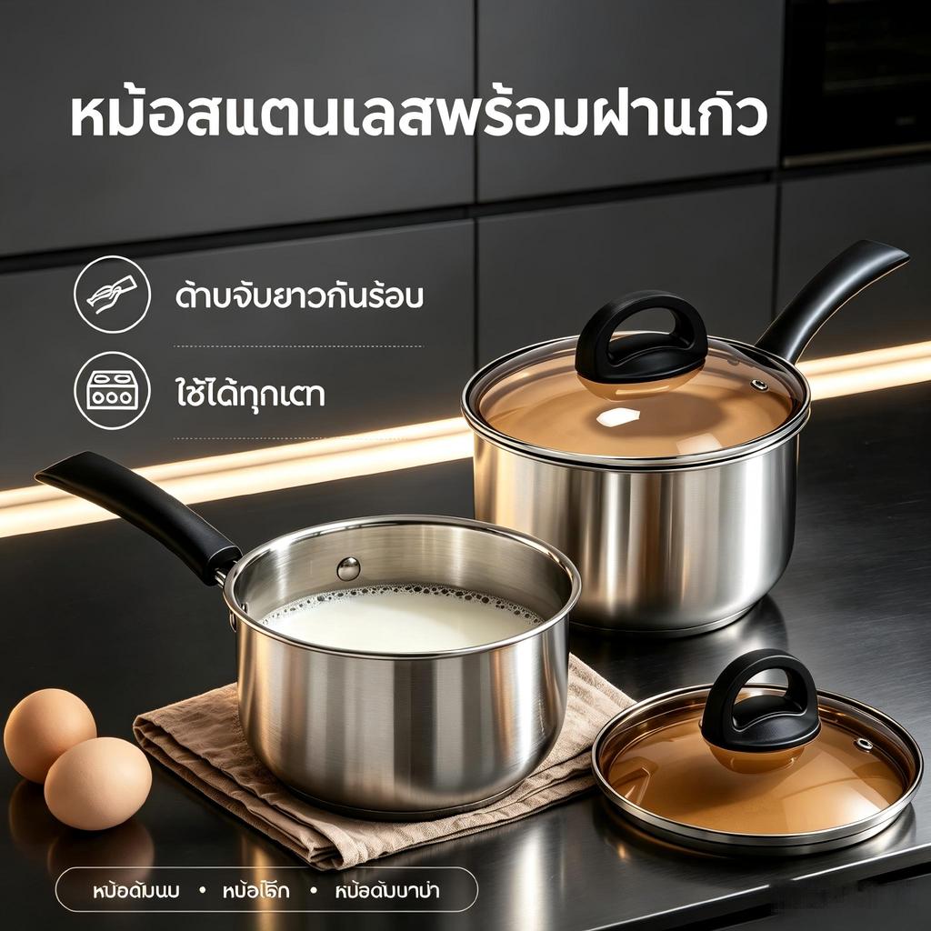 MOM Shop กระทะสแตนเลสคุณภาพสูง ที่จับคู่กับฝาแก้ว คุณภาพ 304 วัสดุเสริมหนา