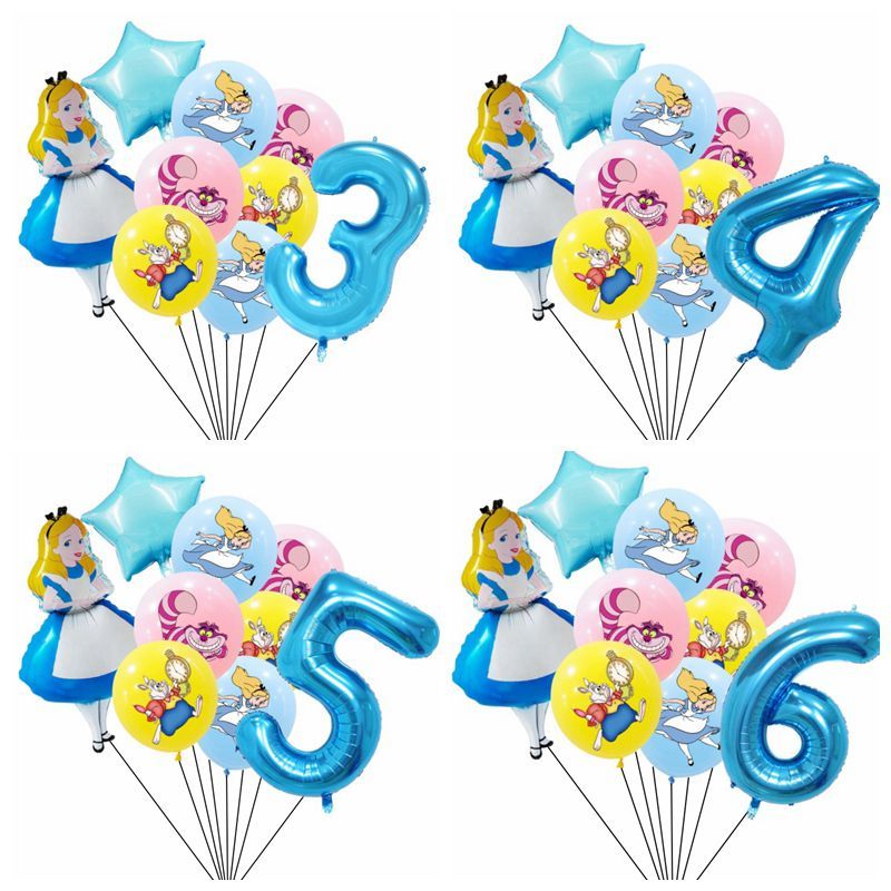 9 ชิ้น Alice in Wonderland ฟอยล์บอลลูน 32 นิ้วจํานวนชุดบอลลูนเด็กผู้หญิง 1 2 3 4 5 6 7 8 9th Birthda