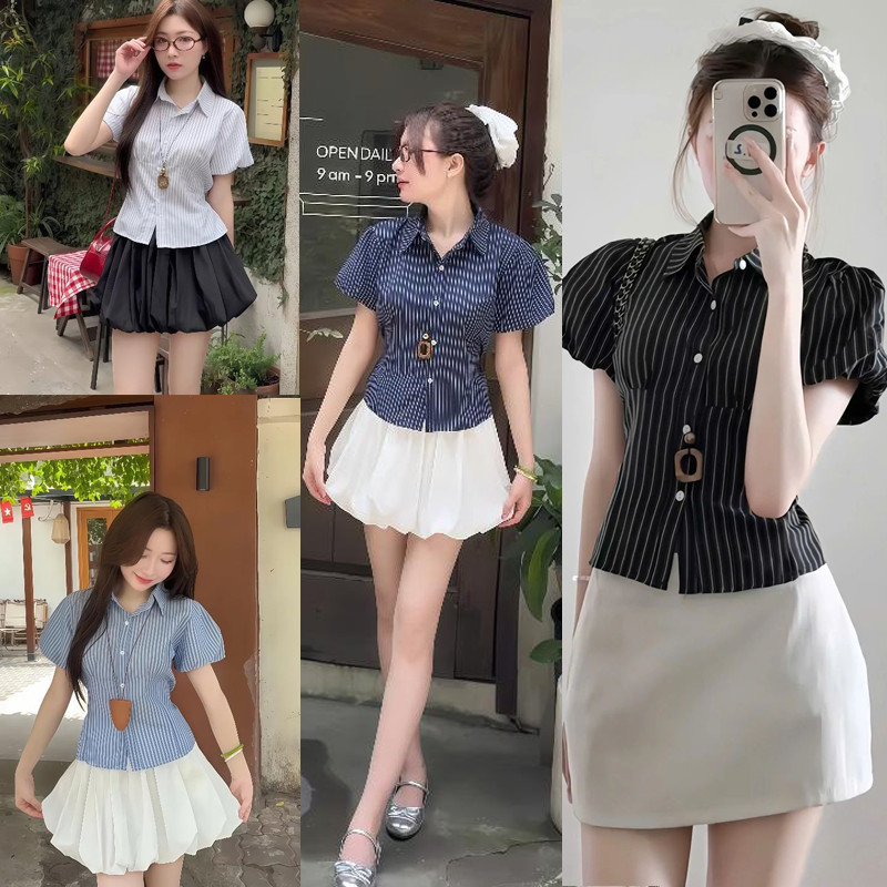 Dahong W767 📍พร้อมส่ง📍เสื้้อเชิ้ตผู้หญิงแขนสั้น เนื้อผ้าคอตตอน  คอปก มีแขนพัฟ  มีหลายสี ทรงสลิมฟิต ก็สวยงามน่ารักเก๋ไก๋