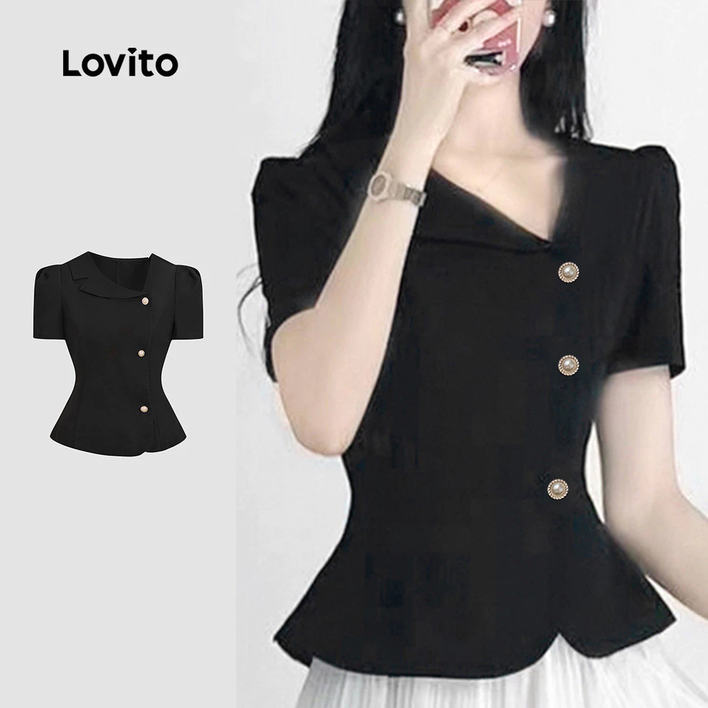 Lovito สง่างาม ปุ่มอสมมาตรด้านหน้าโลหะฤดูร้อนฤดูใบไม้ผลิเสื้อสีดําสําหรับผู้หญิง L135ED194