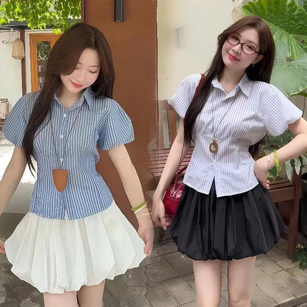 mimi&didi-เสื้อเชิ้ตแขนสั้นลายทางน่ารักสำหรับผู้หญิง คอปก มีแขนพัฟ เอวสั้น มีหลายสี ทรงสลิมฟิต และสไตล์อเนกประสงค์#w767