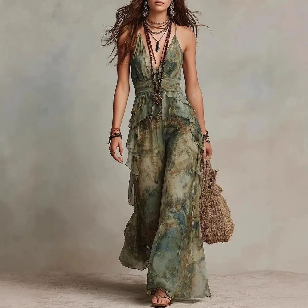 Retro Tie-Dye ผู้หญิง V คอ Halter กลับวันหยุดกระโปรงยาว