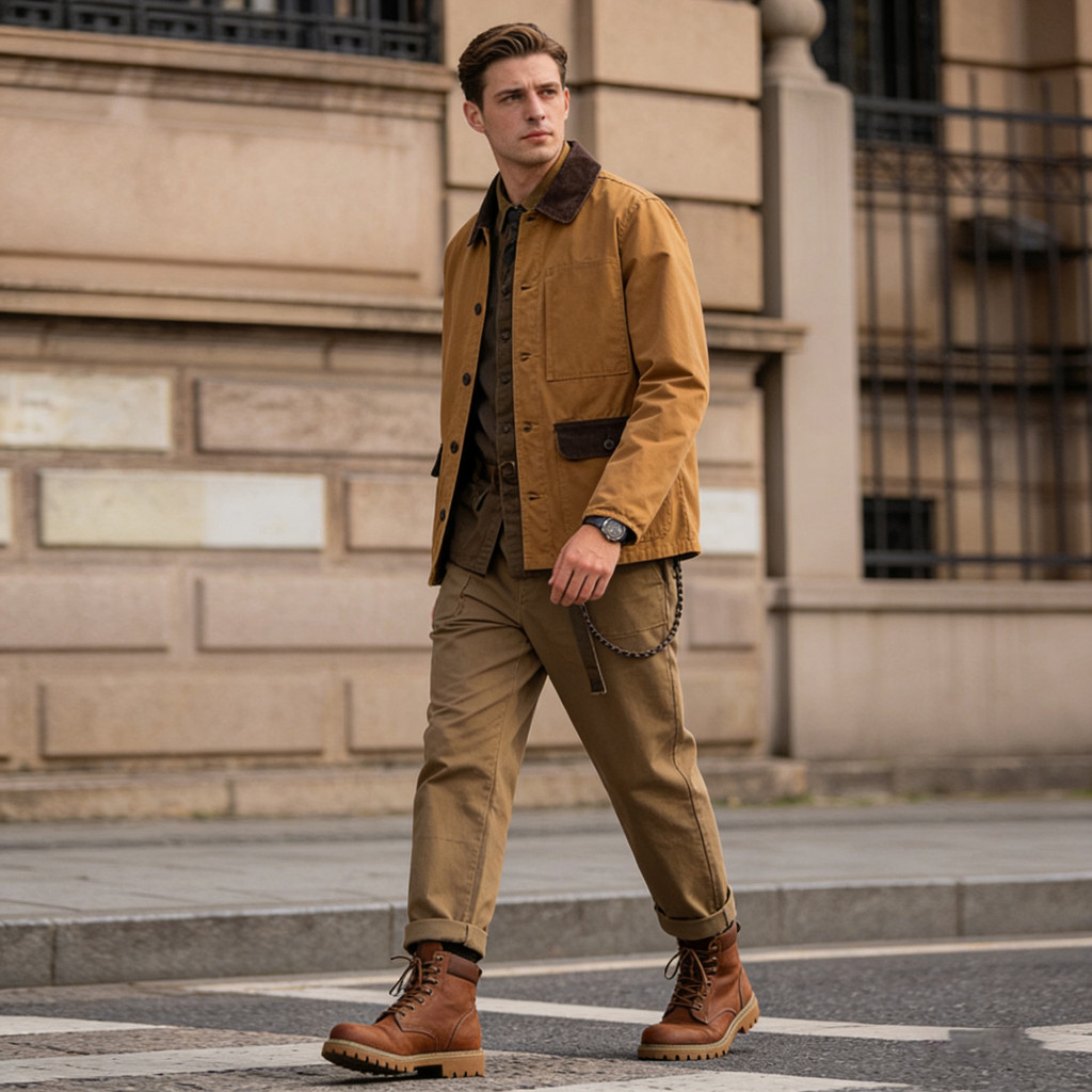 OKONKWO Bull Denim Engineering Worker บล็อกสี Corduroy Collar Work Jacket Workwear Outerwear